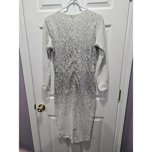 Dress the Population Emily White Silver Sequin Long Sleeve Bodycon Dress Size L - Picture 4 of 6